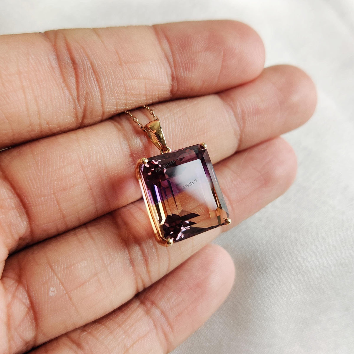 14K Solid Gold Natural Ametrine Pendant, Rectangle Gemstone, Birthstone Jewelry