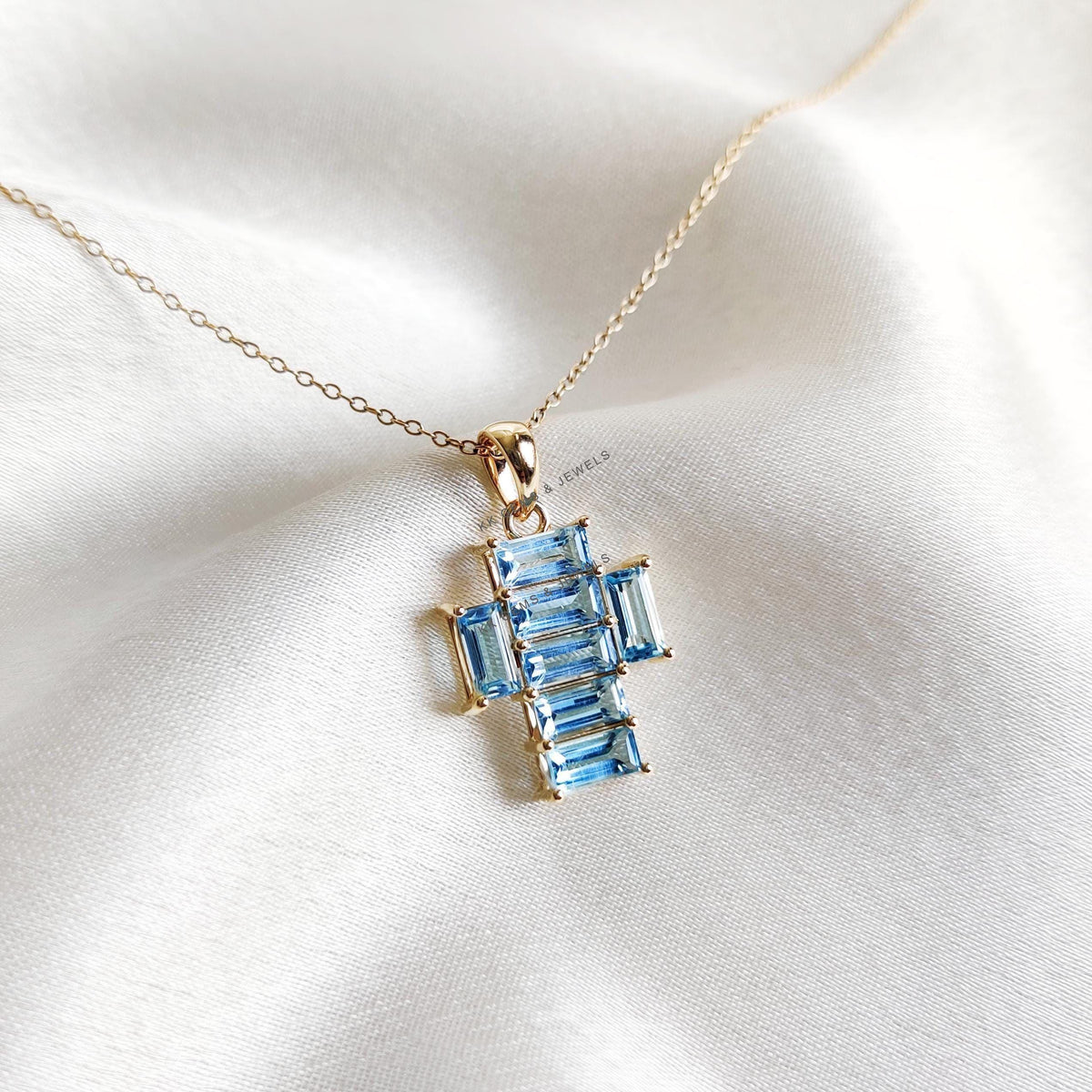 14K Solid Gold Natural Swiss Blue Topaz Cross Pendant, December Birthstone, Christmas Gift