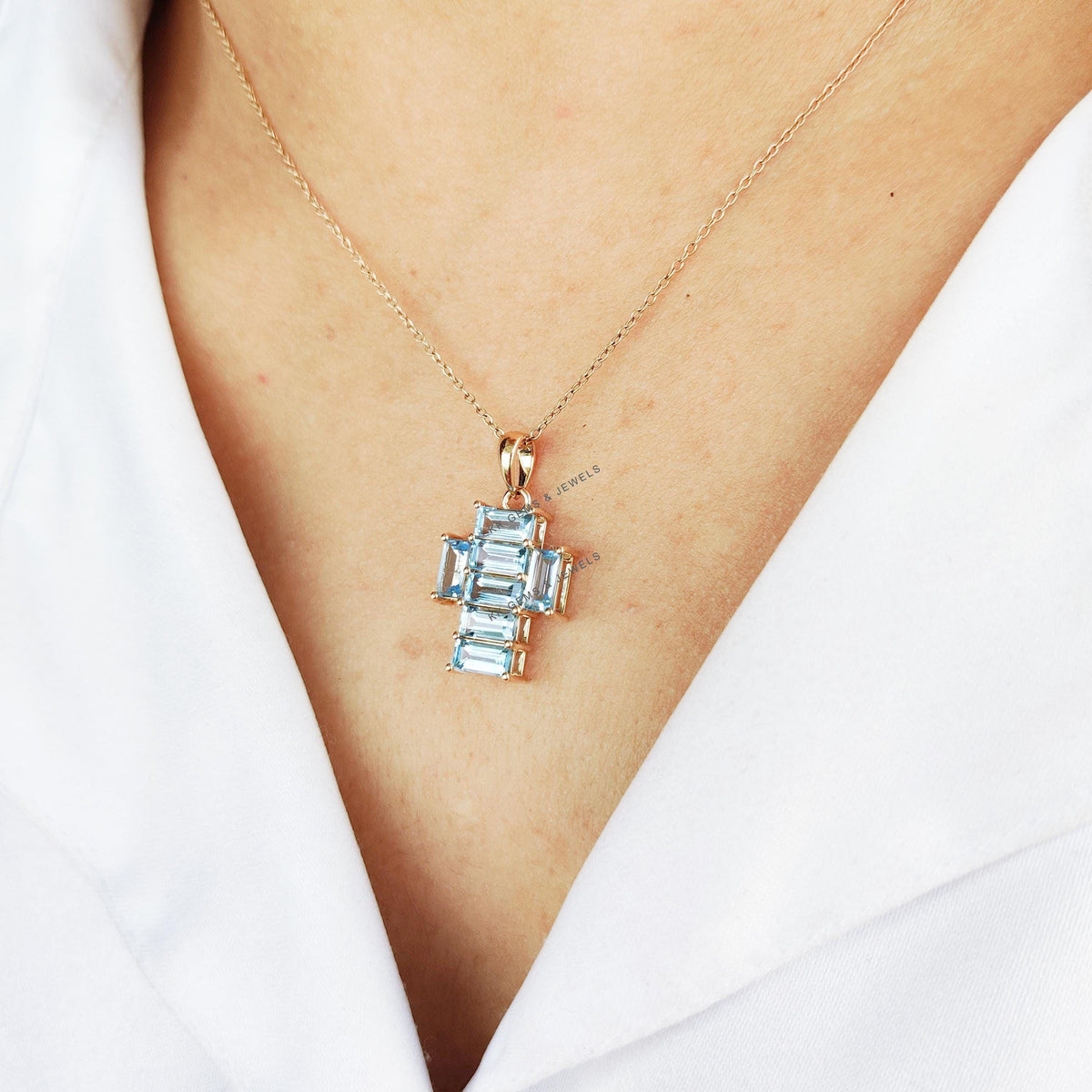 14K Solid Gold Natural Swiss Blue Topaz Cross Pendant, December Birthstone, Christmas Gift