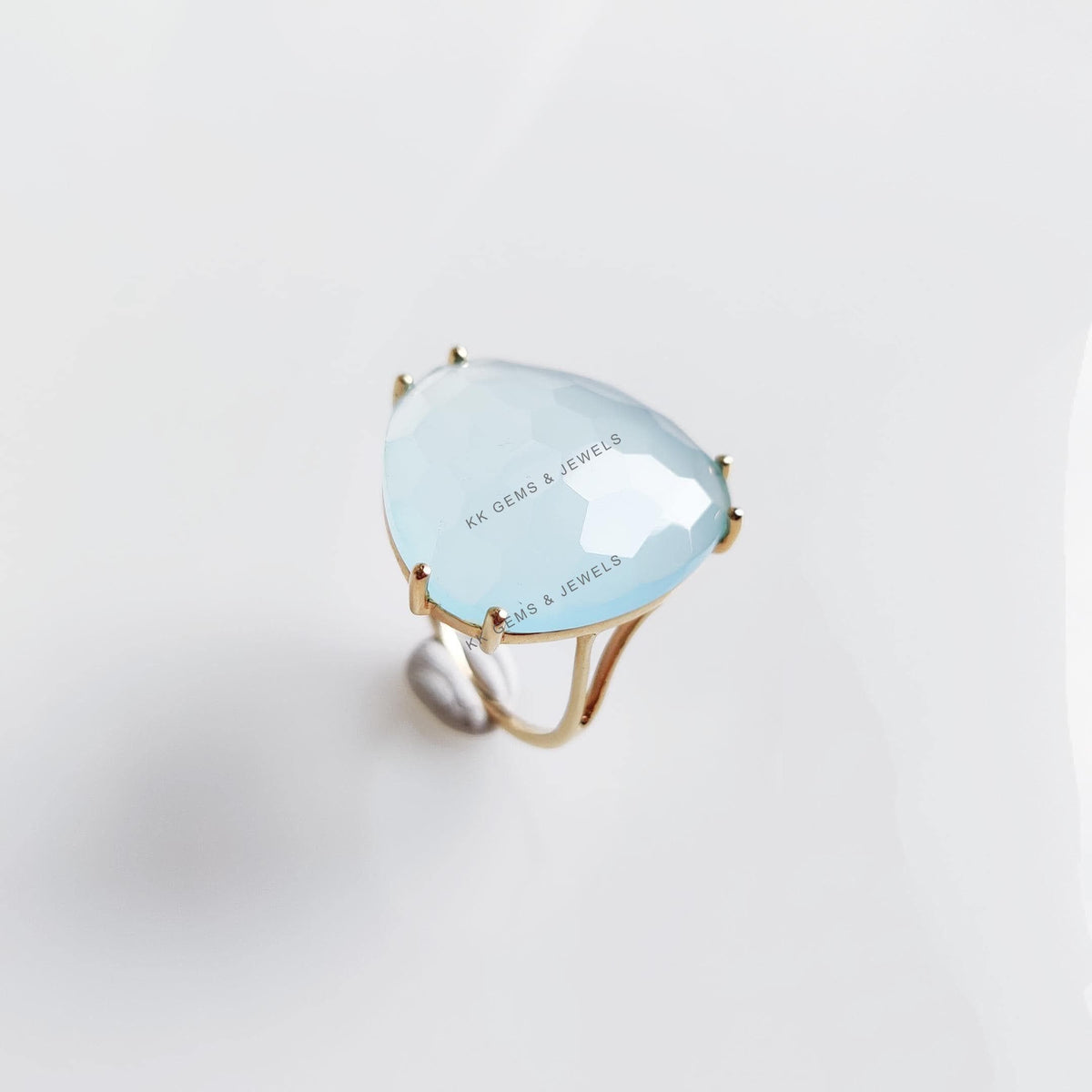 14K Solid Gold Natural Blue Chalcedony Ring: March Birthstone Jewelry