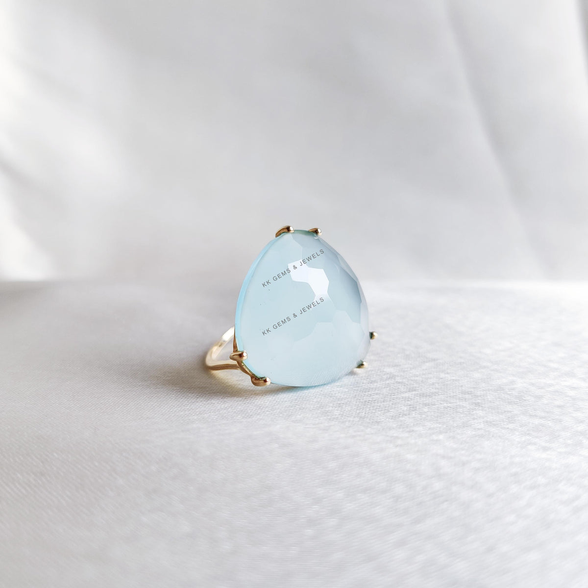 14K Solid Gold Natural Blue Chalcedony Ring: March Birthstone Jewelry