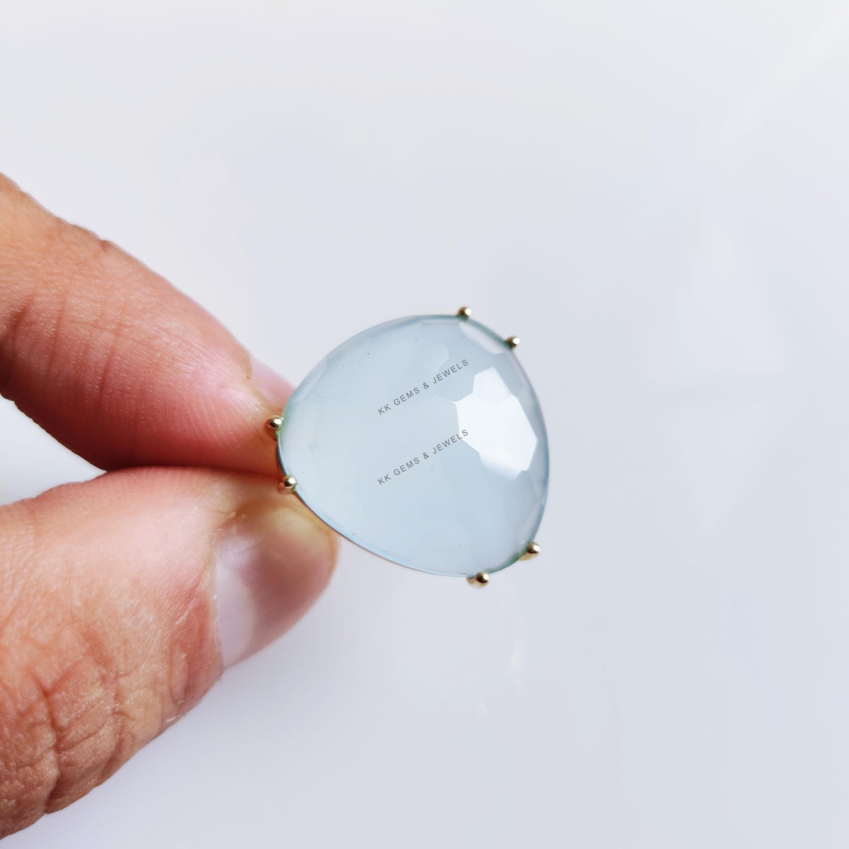 14K Solid Gold Natural Blue Chalcedony Ring: March Birthstone Jewelry