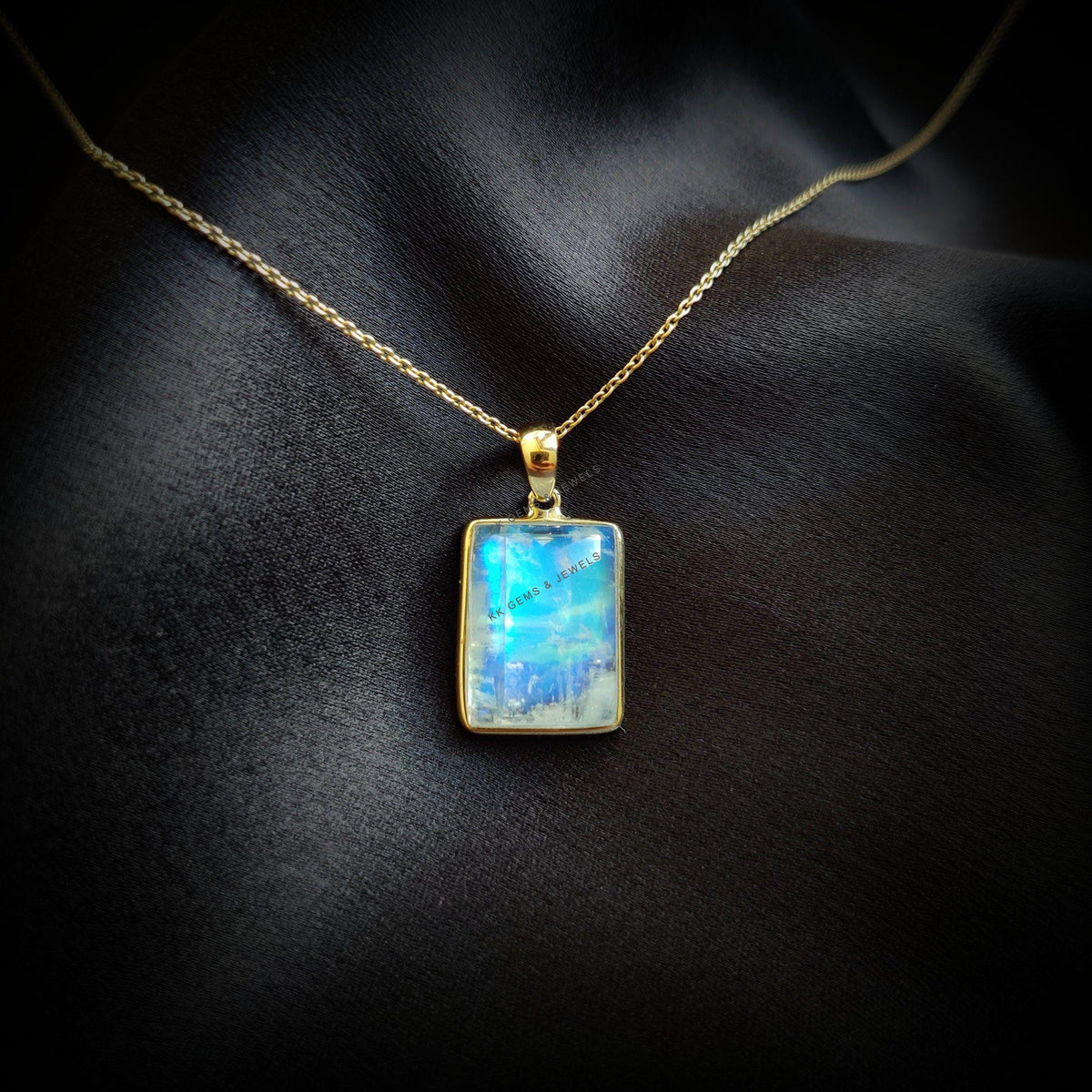 14K Solid Gold Natural Rainbow Moonstone Pendant, June Birthstone Jewelry