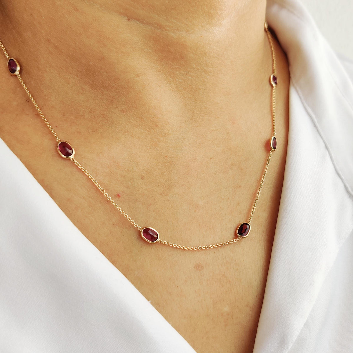 Natural Rhodolite Garnet Necklace, 14K Solid Yellow Gold Bezel Set, January Birthstone