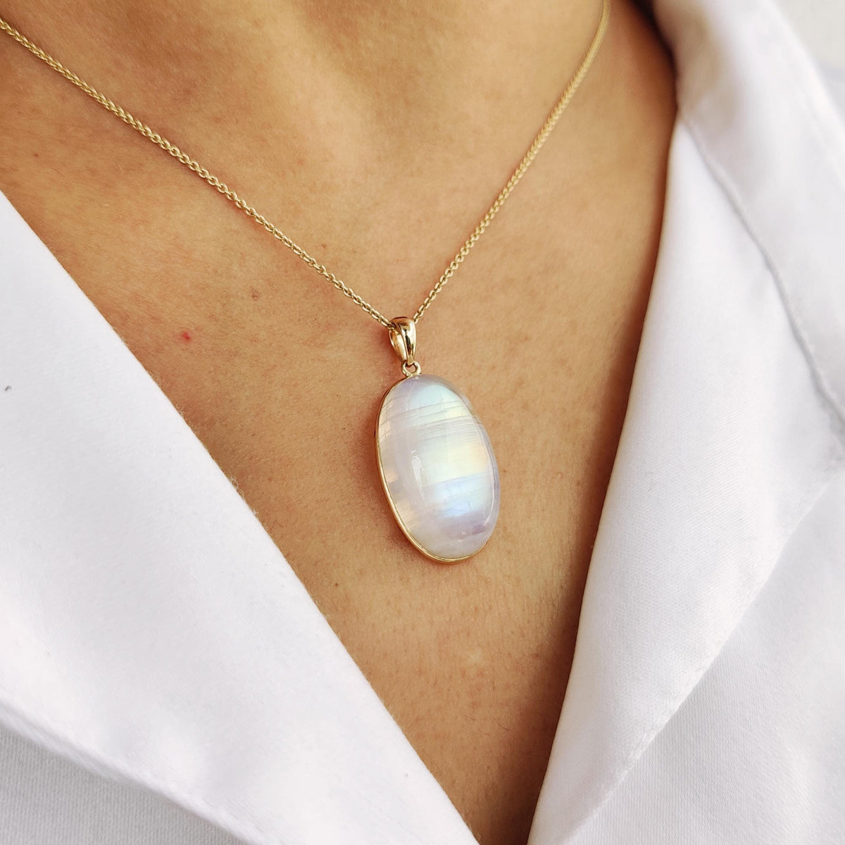 14K Solid Gold Natural Rainbow Moonstone Pendant: Oval Gemstone Jewelry