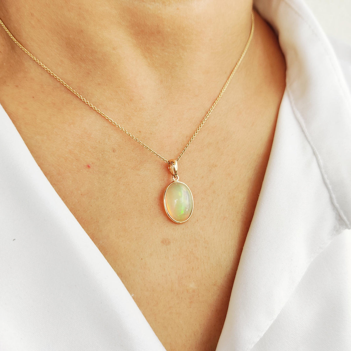 14K Solid Yellow Gold Natural Ethiopian Opal Pendant: Bezel Set October Birthstone
