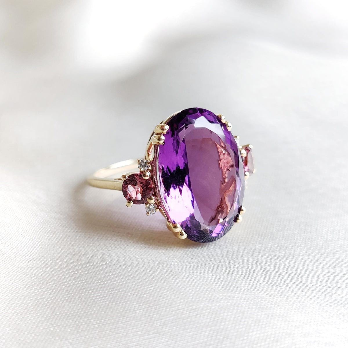 Natural Purple Amethyst & Pink Tourmaline and Diamond 14K Solid Gold Ring, Anniversary Gift