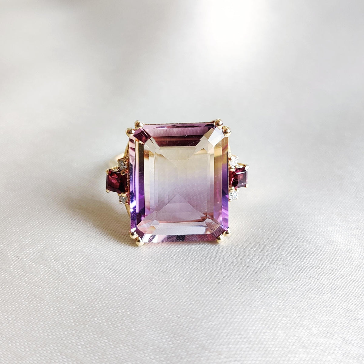 14K Solid Gold Natural Ametrine & Diamond and Rhodolite Garnet Ring, Christmas Gift