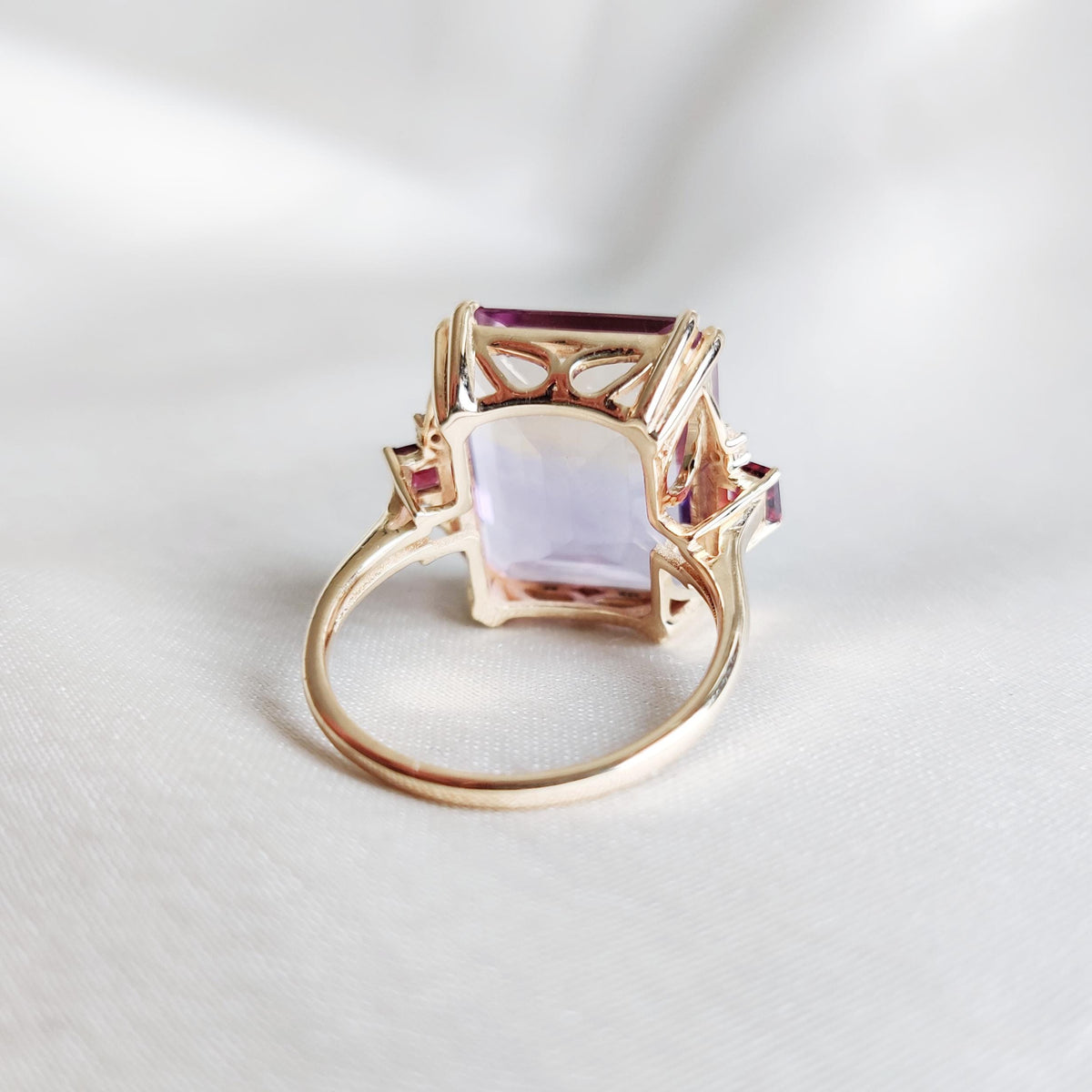 14K Solid Gold Natural Ametrine & Diamond and Rhodolite Garnet Ring, Christmas Gift