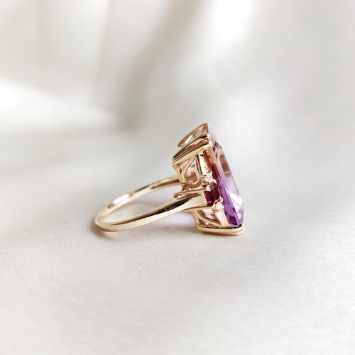 14K Solid Gold Natural Ametrine & Diamond and Rhodolite Garnet Ring, Christmas Gift
