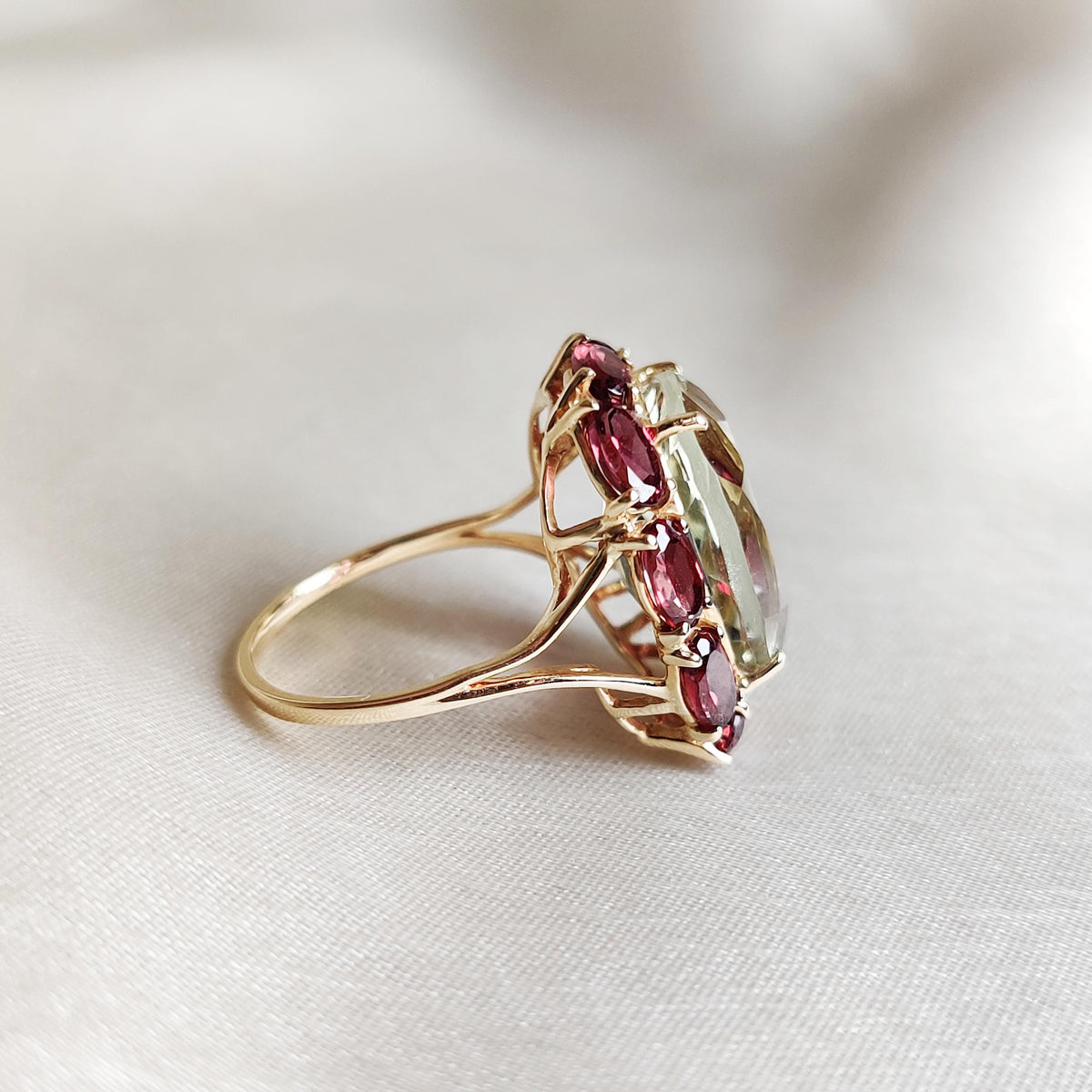 Natural Green Amethyst & Rhodolite Garnet Statement Ring, 14K Solid Yellow Gold Multi-Stone Ring