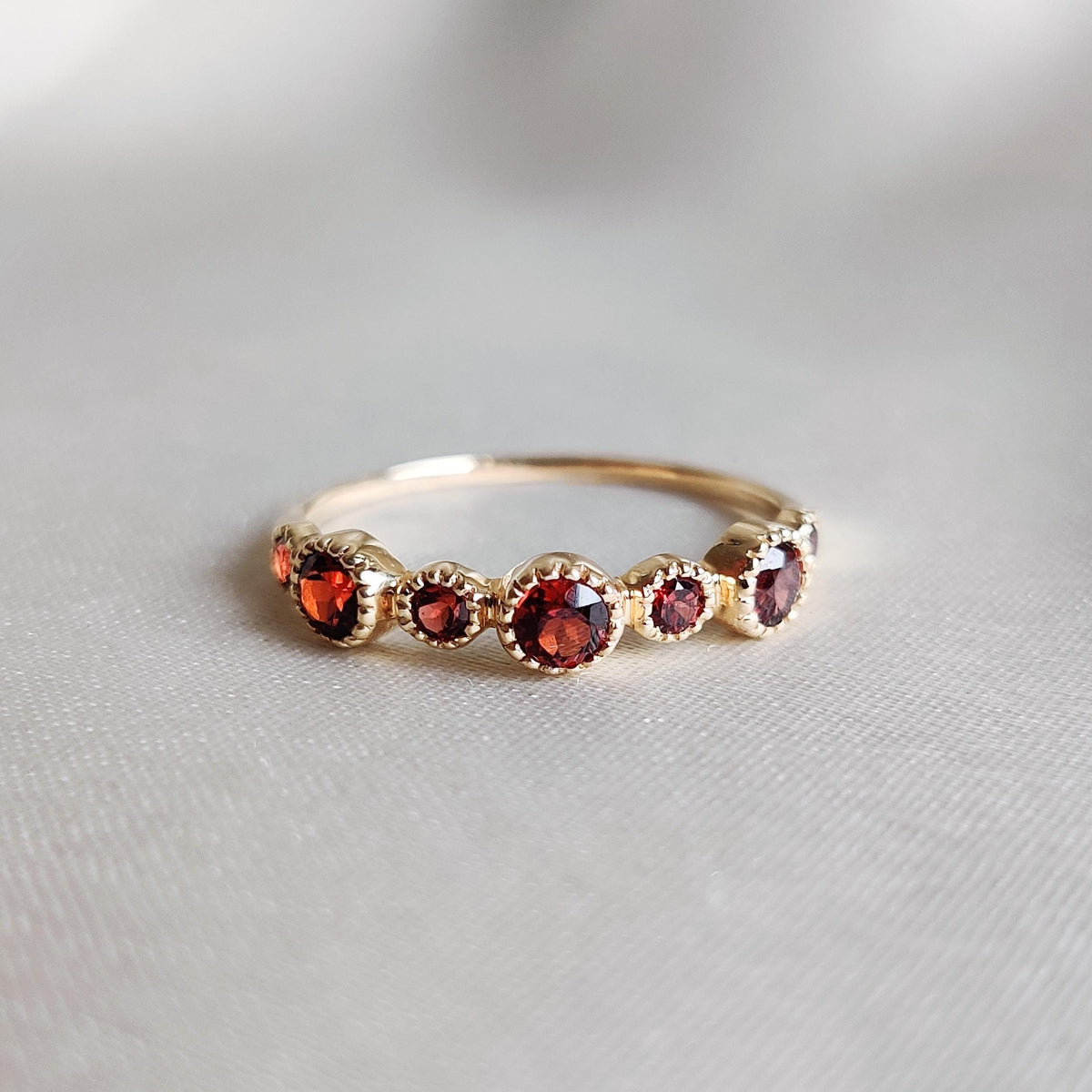 14K Solid Yellow Gold Natural Garnet Ring, January Birthstone Stackable Band
