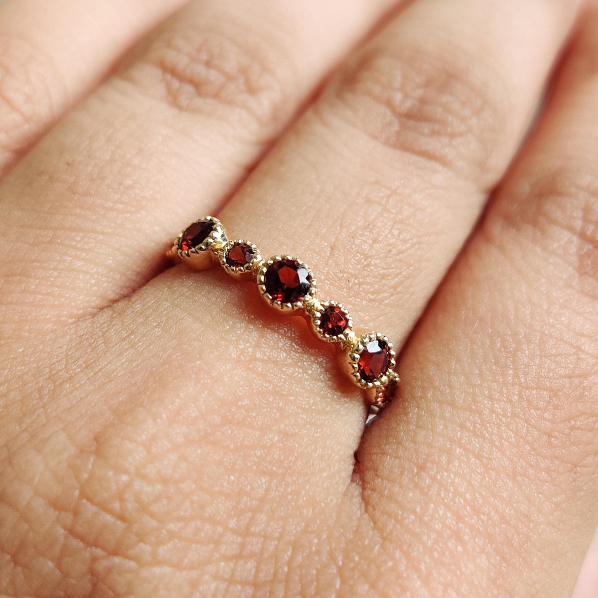 14K Solid Yellow Gold Natural Garnet Ring, January Birthstone Stackable Band