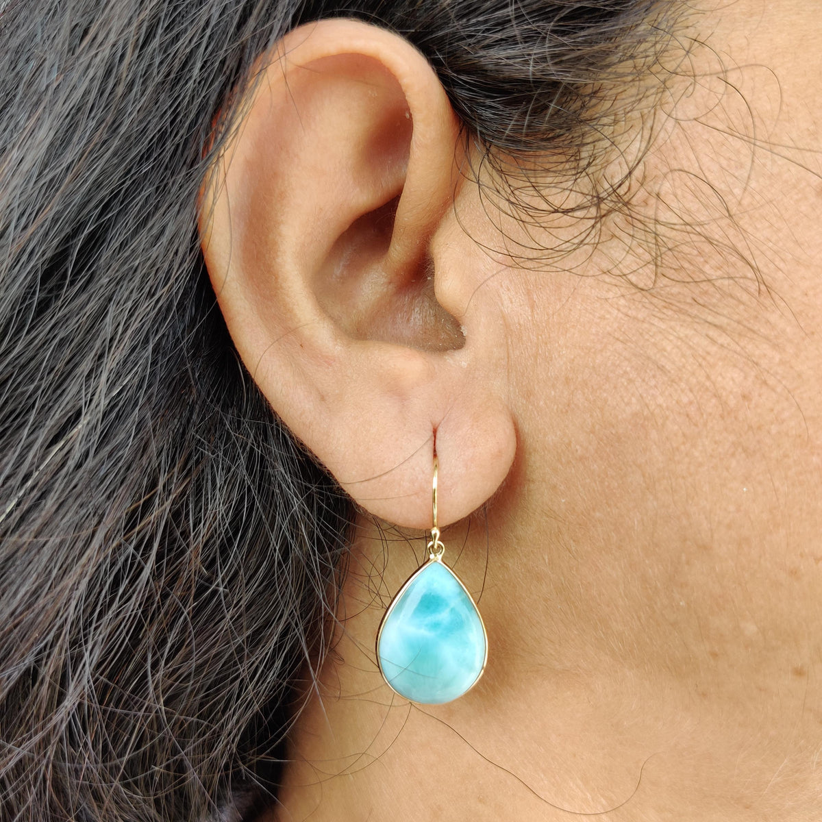 Natural Larimar Drop Earrings, 14K Solid Yellow Gold, Bezel Set