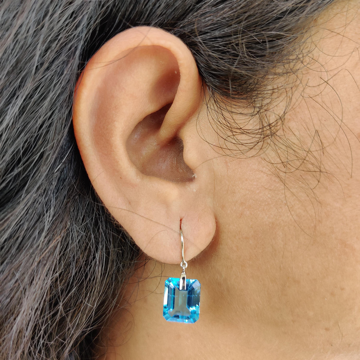 Natural Swiss Blue Topaz Octagon Drill Earrings, 14K Solid White Gold, December Birthstone
