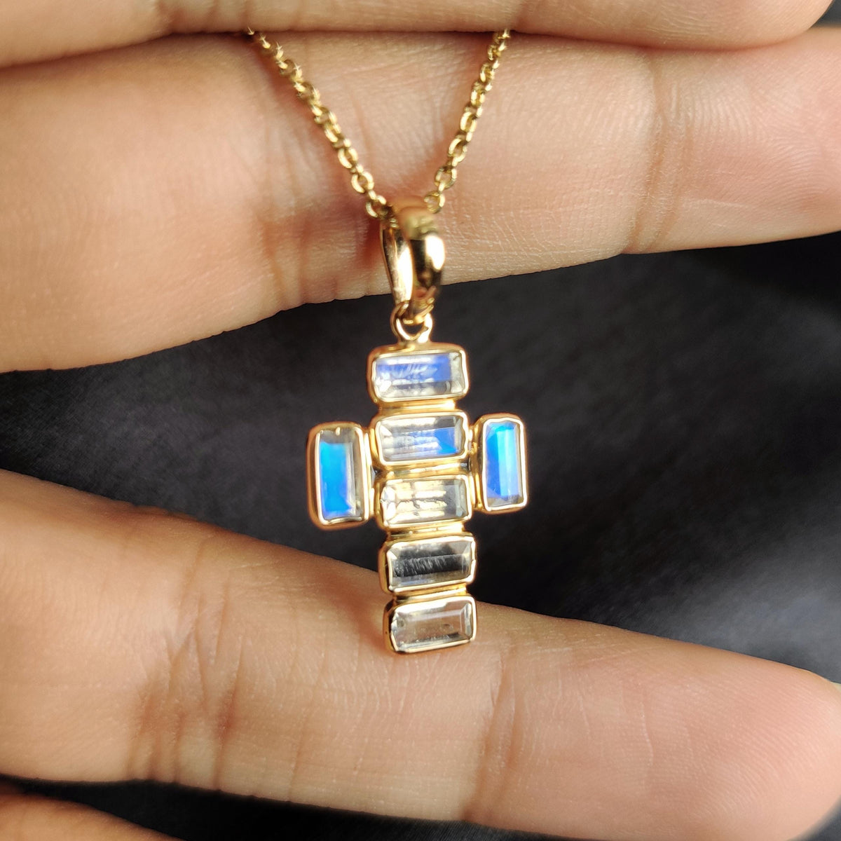 14K Solid Gold Natural Rainbow Moonstone Cross Pendant, June Birthstone, Christmas Gift