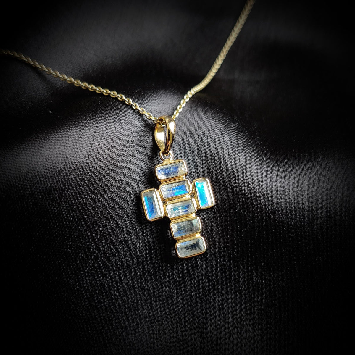 14K Solid Gold Natural Rainbow Moonstone Cross Pendant, June Birthstone, Christmas Gift