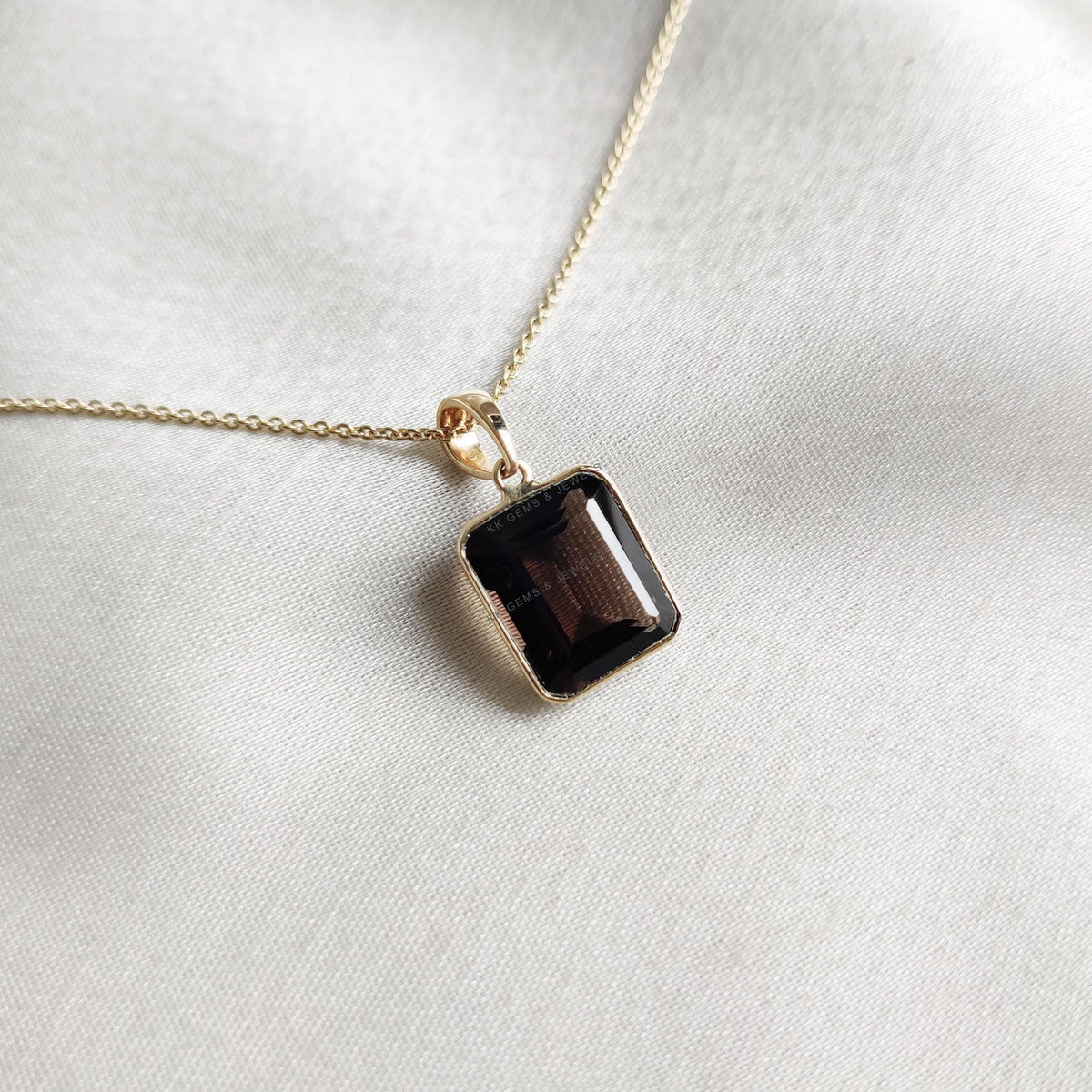 Natural Smoky Quartz Octagon Bezel Pendant, 14K Solid Yellow Gold, June Birthstone