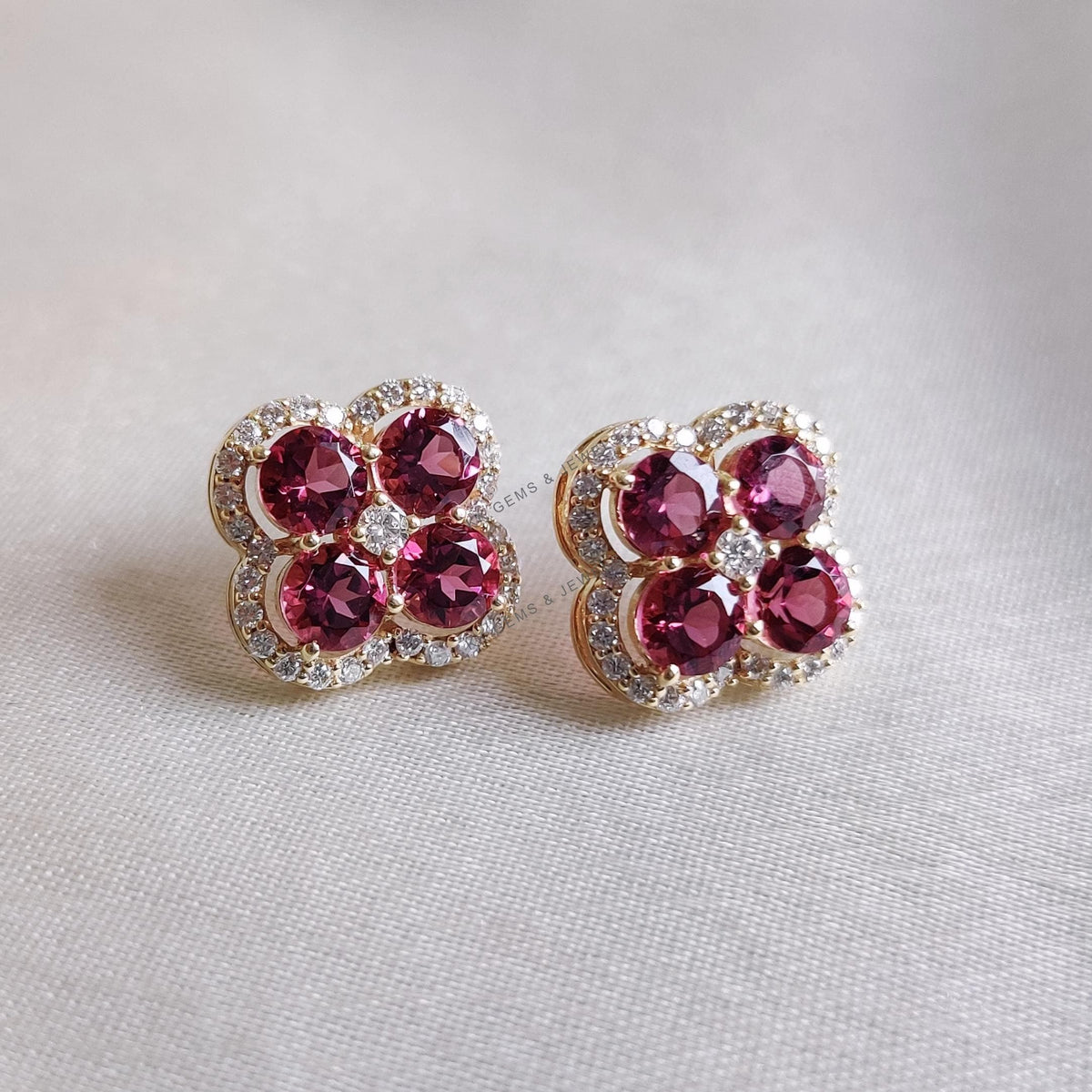 Natural Pink Tourmaline & Diamond 14K Solid Yellow Gold Earrings, October Birthstone