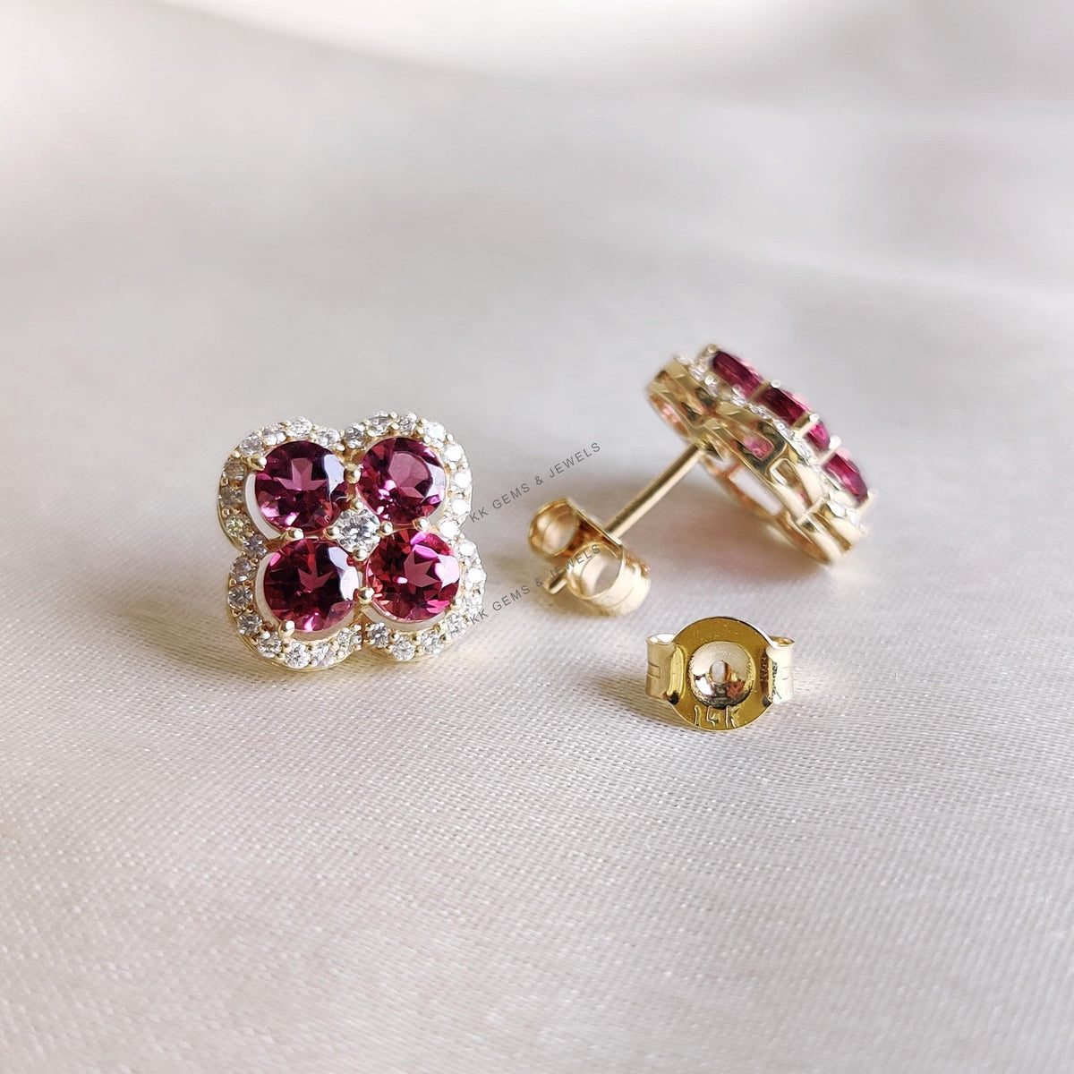 Natural Pink Tourmaline & Diamond 14K Solid Yellow Gold Earrings, October Birthstone
