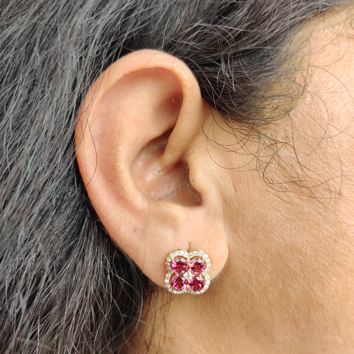 Natural Pink Tourmaline & Diamond 14K Solid Yellow Gold Earrings, October Birthstone