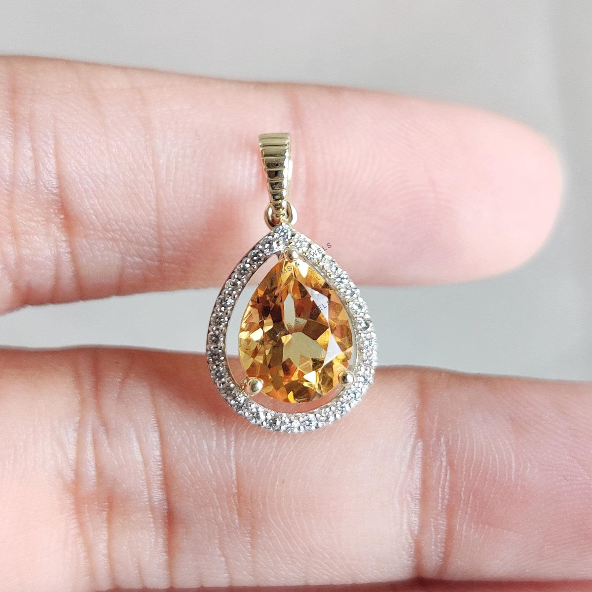 Natural Citrine & Diamond 14K Solid Yellow Gold Pear Pendant, November Birthstone