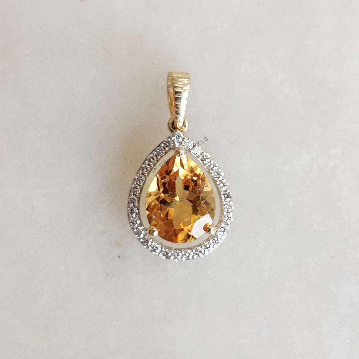 Natural Citrine & Diamond 14K Solid Yellow Gold Pear Pendant, November Birthstone