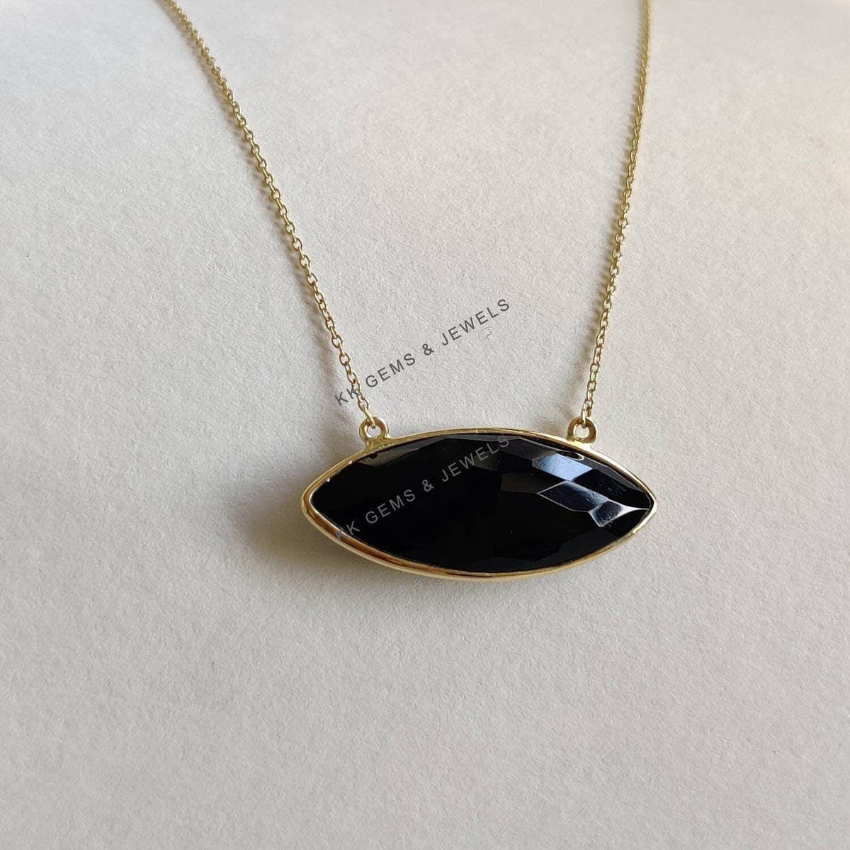14K Solid Yellow Gold Natural Black Onyx Marquise Necklace- December Birthstone