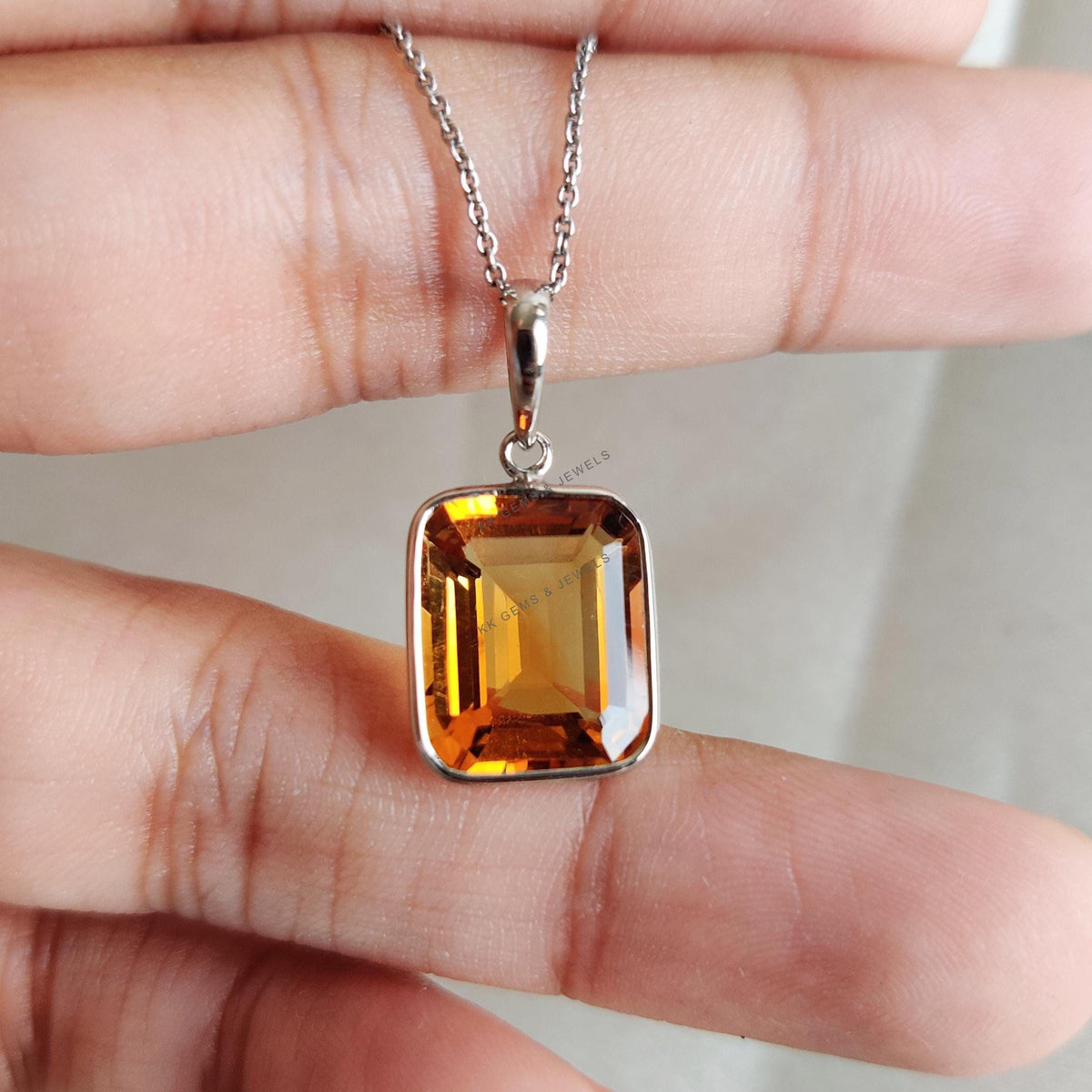 Natural Citrine Pendant: 14K Solid White Gold Pendant, November Birthstone