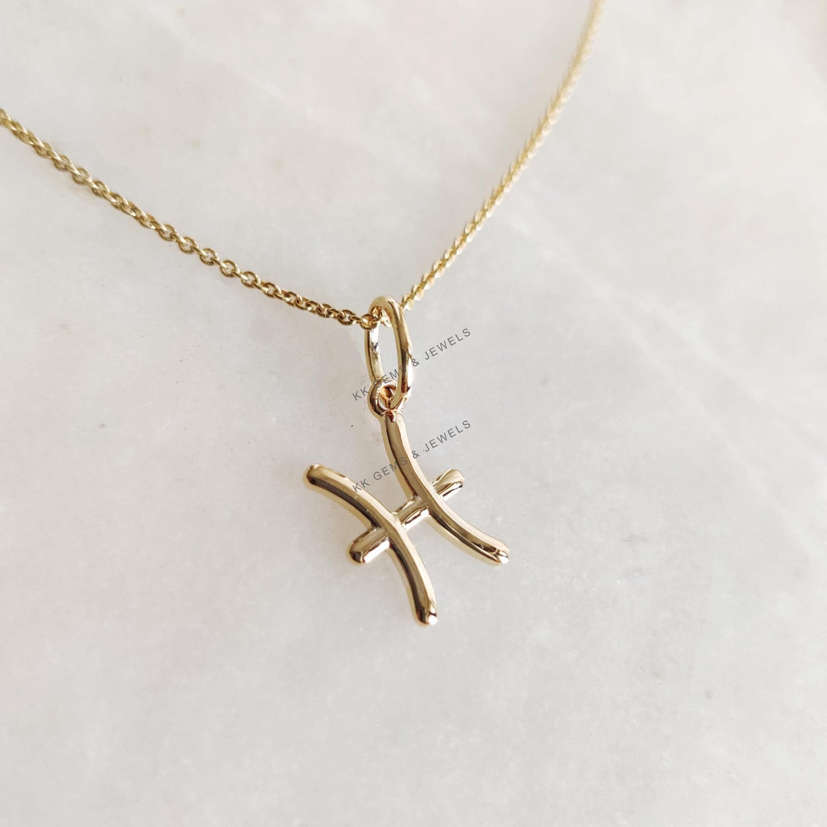 14K Solid Gold Pisces Zodiac Pendant, Symbolic Charm