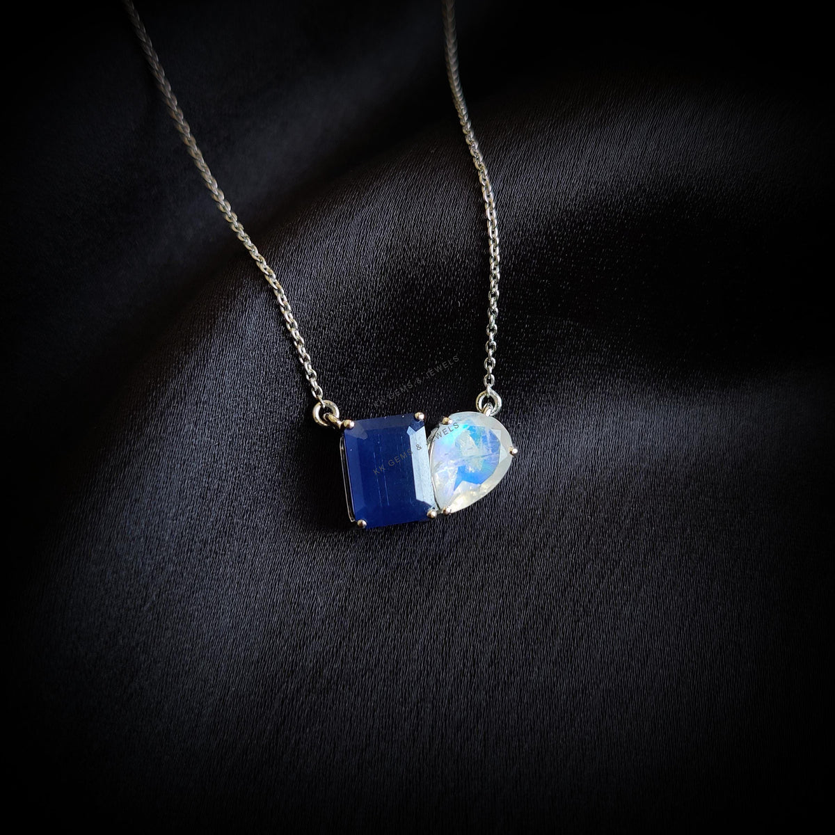 Natural Blue Sapphire & Rainbow Moonstone Pendant: 14K Solid White Gold, September June Birthstone