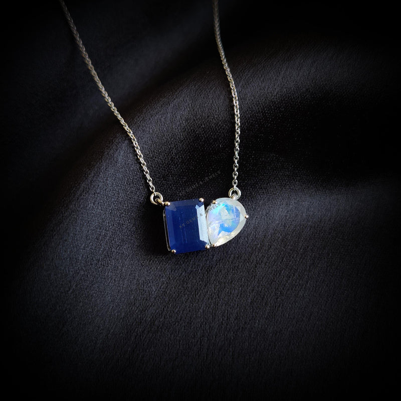 Natural Blue Sapphire & Rainbow Moonstone Pendant: 14K Solid White Gold, September June Birthstone
