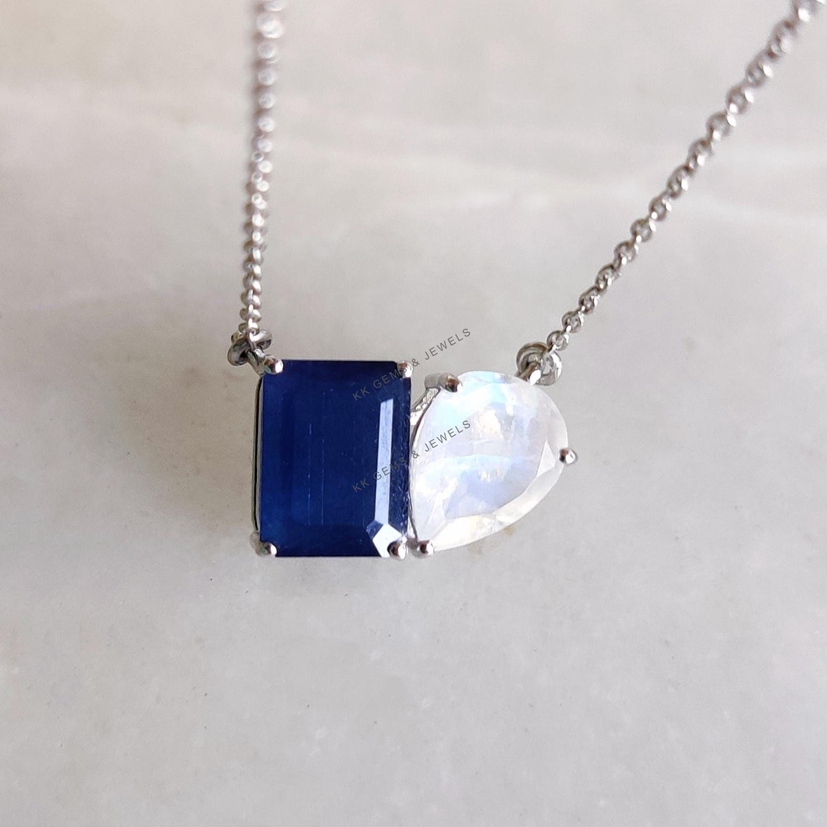 Natural Blue Sapphire & Rainbow Moonstone Pendant: 14K Solid White Gold, September June Birthstone