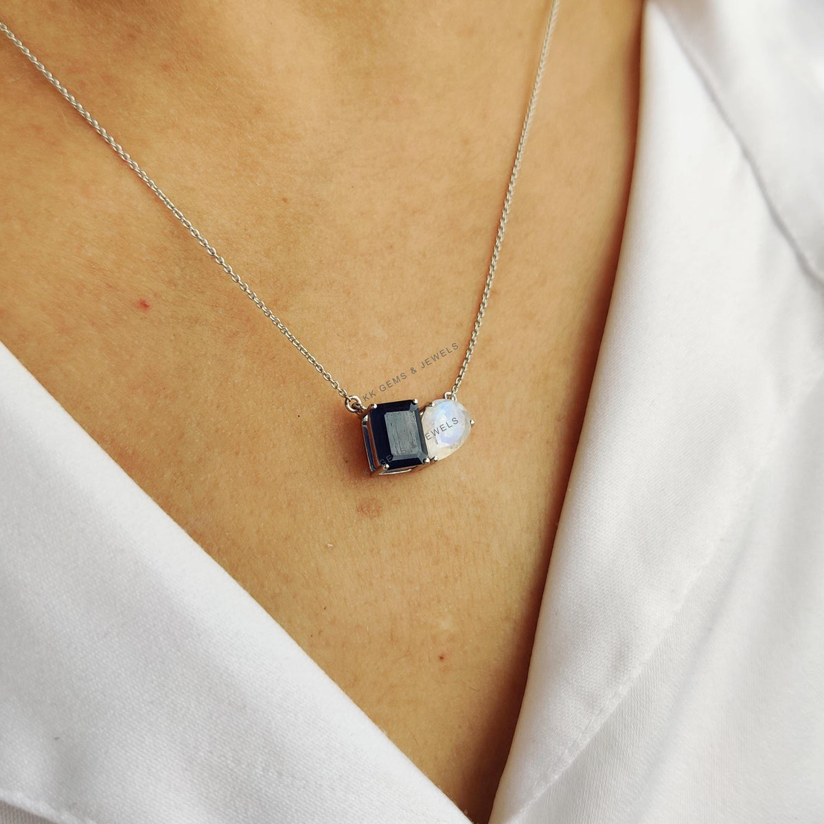 Natural Blue Sapphire & Rainbow Moonstone Pendant: 14K Solid White Gold, September June Birthstone