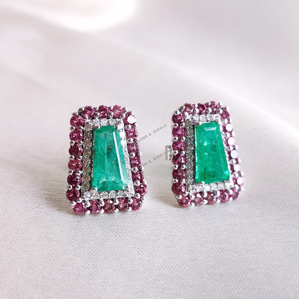 Natural Emerald & Pink Tourmaline and Diamond Earrings: 14K Solid White Gold May Birthstone