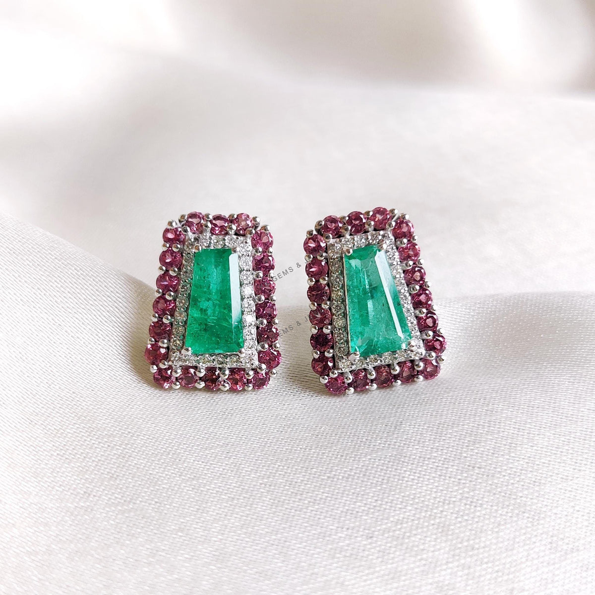 Natural Emerald & Pink Tourmaline and Diamond Earrings: 14K Solid White Gold May Birthstone