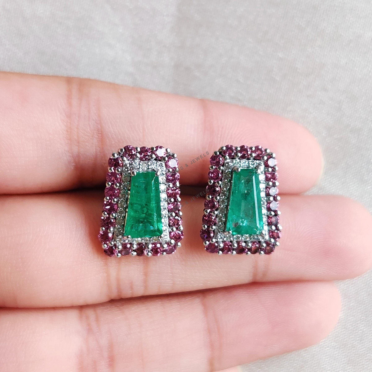 Natural Emerald & Pink Tourmaline and Diamond Earrings: 14K Solid White Gold May Birthstone