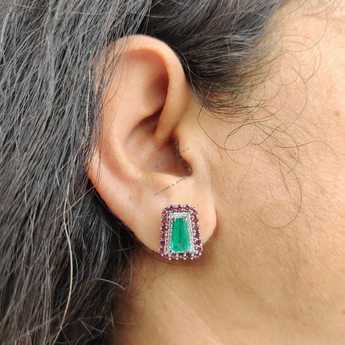 Natural Emerald & Pink Tourmaline and Diamond Earrings: 14K Solid White Gold May Birthstone