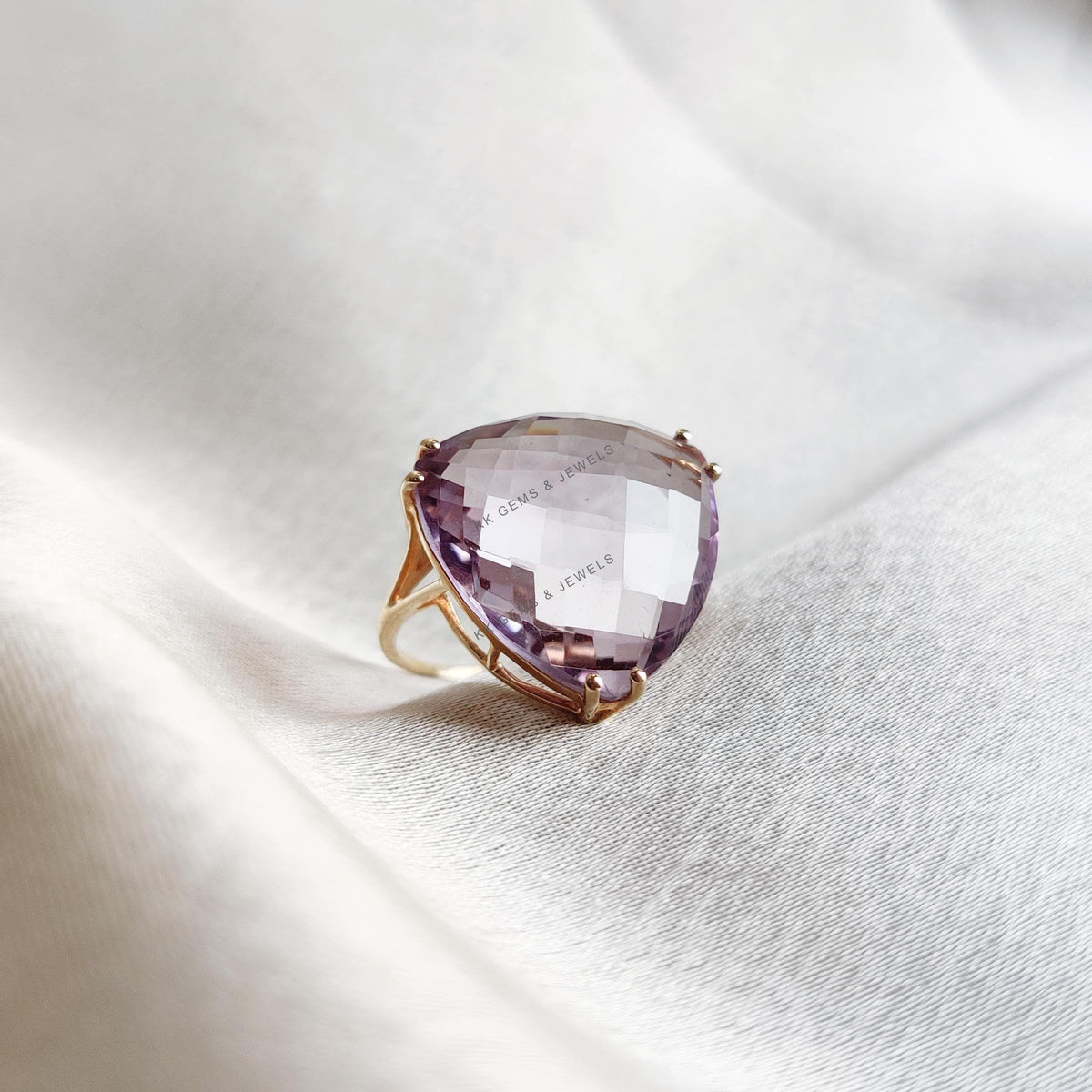 Natural Pink Amethyst 14K Solid Yellow Gold Ring, February Birthstone Prong Trillion Ring