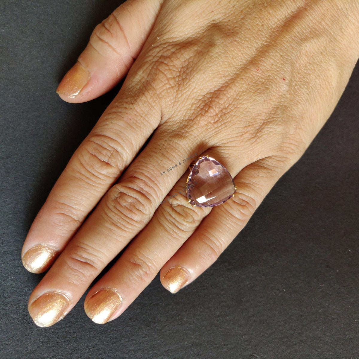 Natural Pink Amethyst 14K Solid Yellow Gold Ring, February Birthstone Prong Trillion Ring