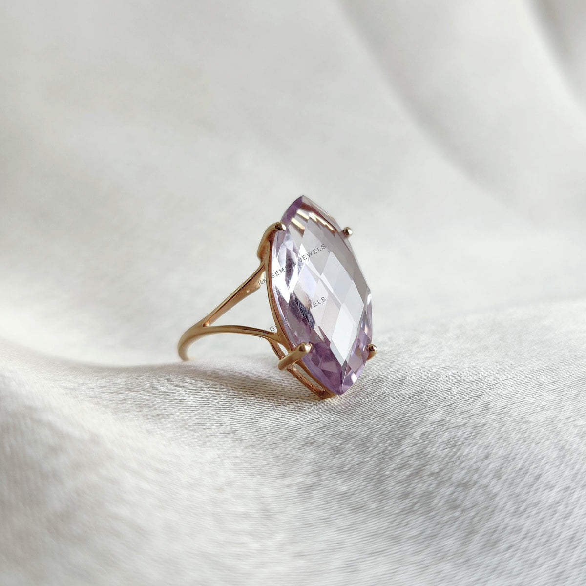 14K Solid Gold Natural Pink Amethyst Ring, Marquise February Birthstone