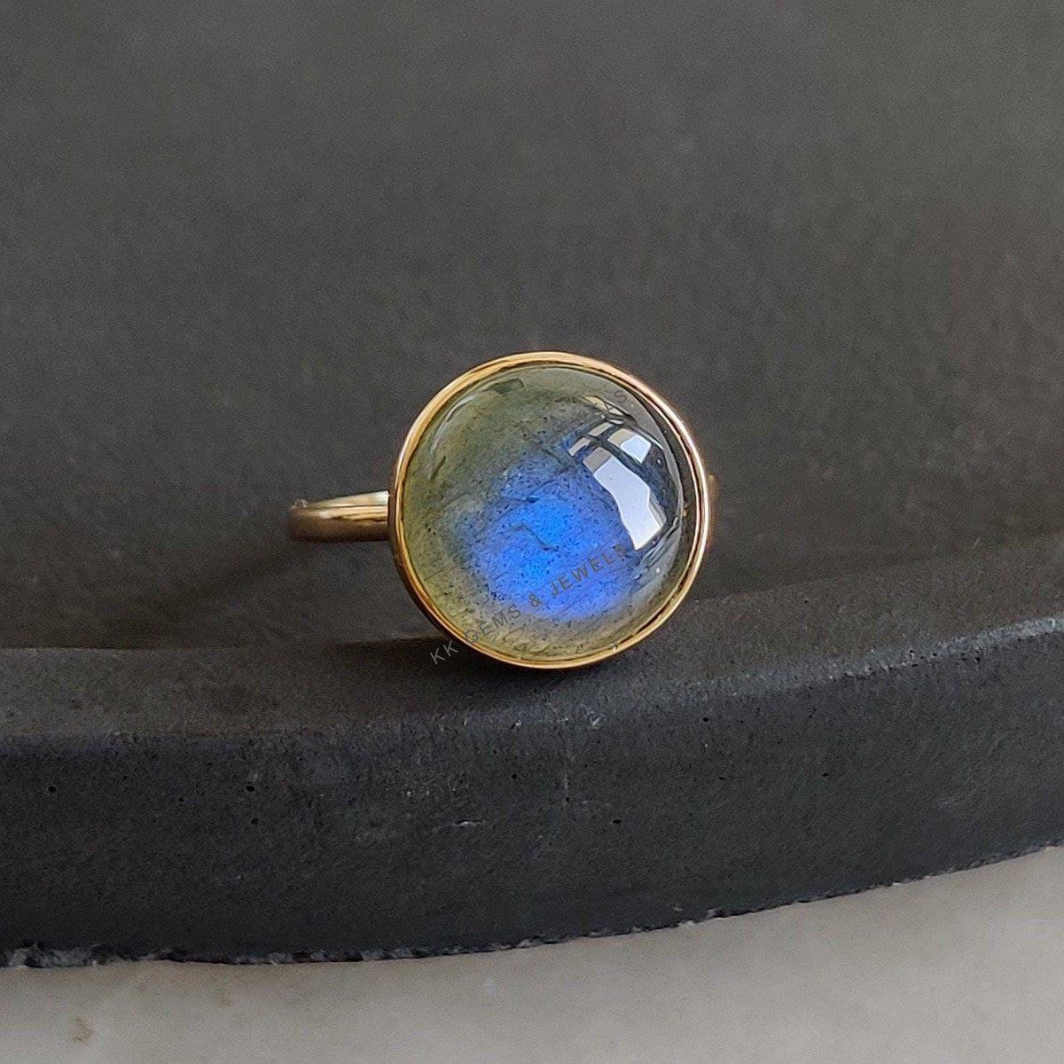 14K Solid Yellow Gold Natural Labradorite Ring: November Birthstone