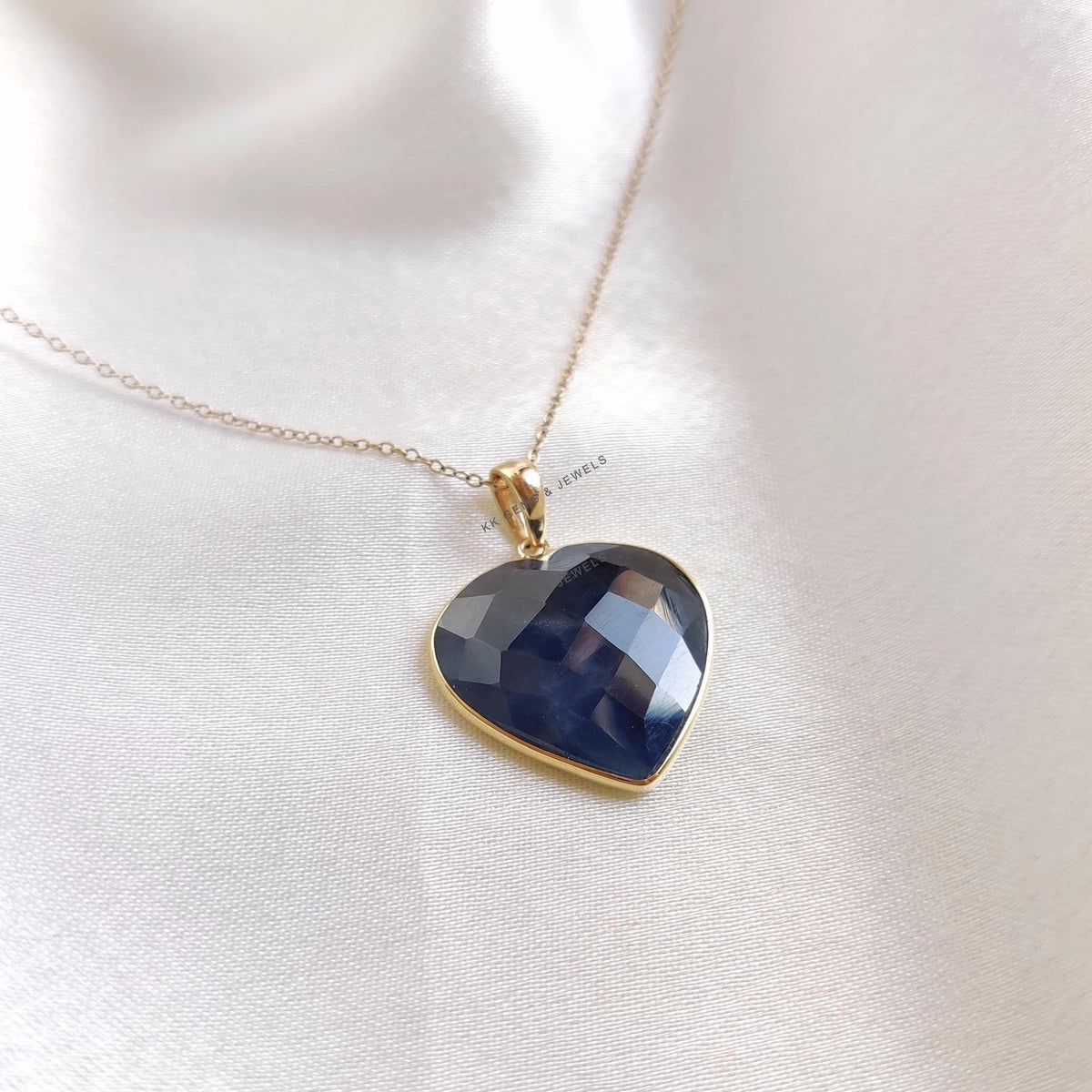 14K Solid Gold Natural Blue Sapphire Heart Pendant - September Birthstone