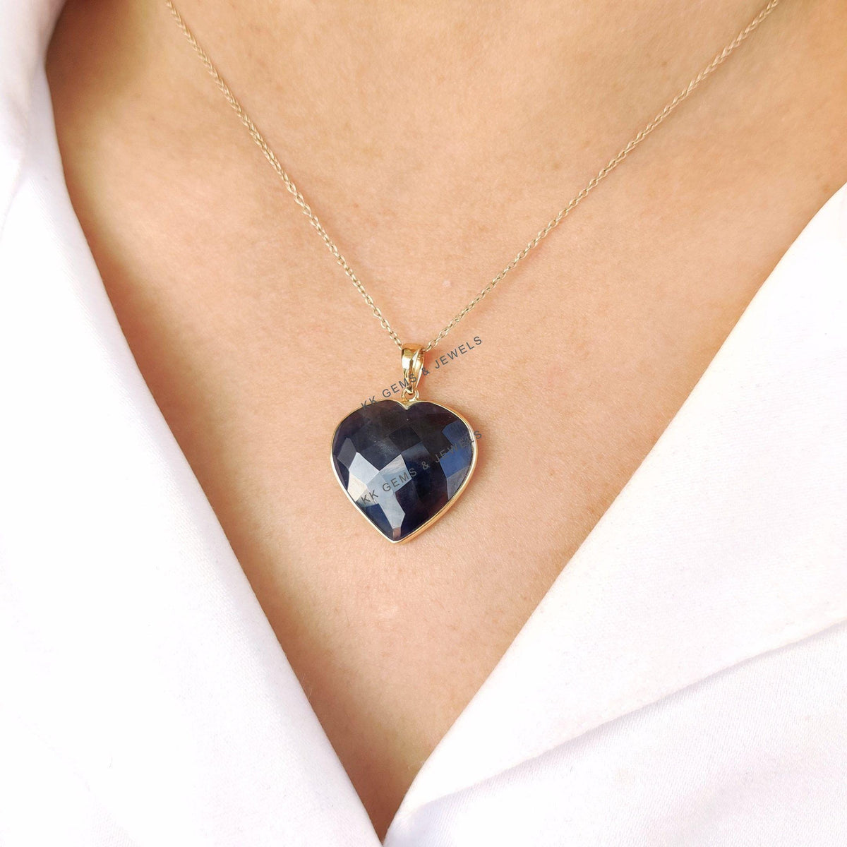 14K Solid Gold Natural Blue Sapphire Heart Pendant - September Birthstone