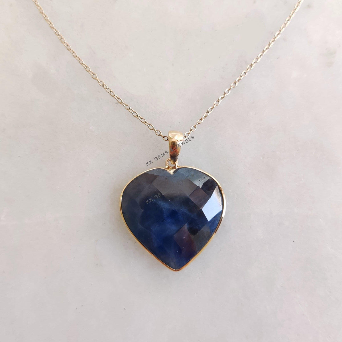 14K Solid Gold Natural Blue Sapphire Heart Pendant - September Birthstone