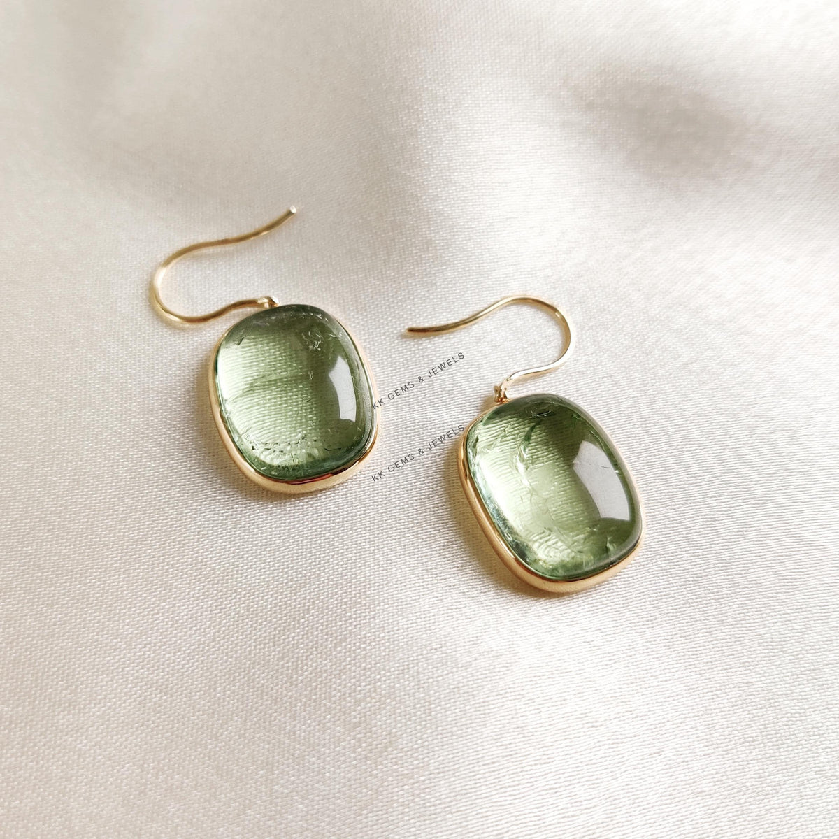 14K Solid Yellow Gold Natural Green Tourmaline Earrings, Bezel Set, October Birthstone