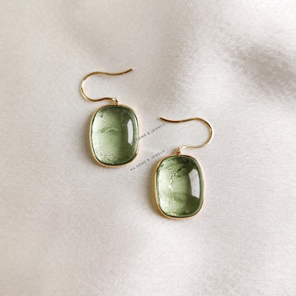 14K Solid Yellow Gold Natural Green Tourmaline Earrings, Bezel Set, October Birthstone
