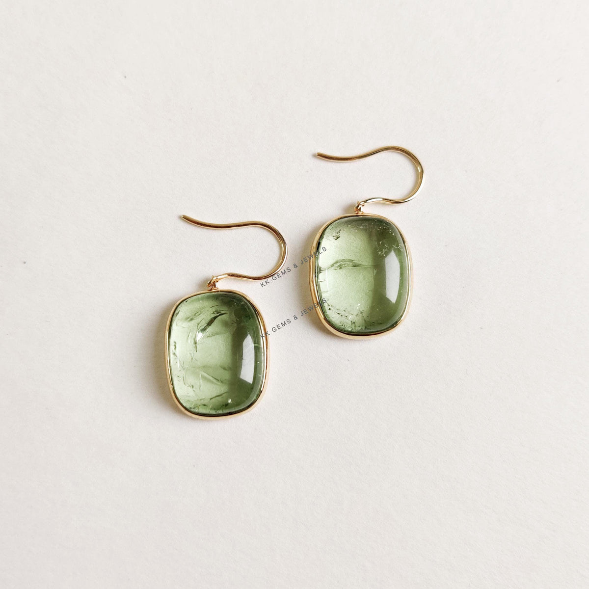 14K Solid Yellow Gold Natural Green Tourmaline Earrings, Bezel Set, October Birthstone