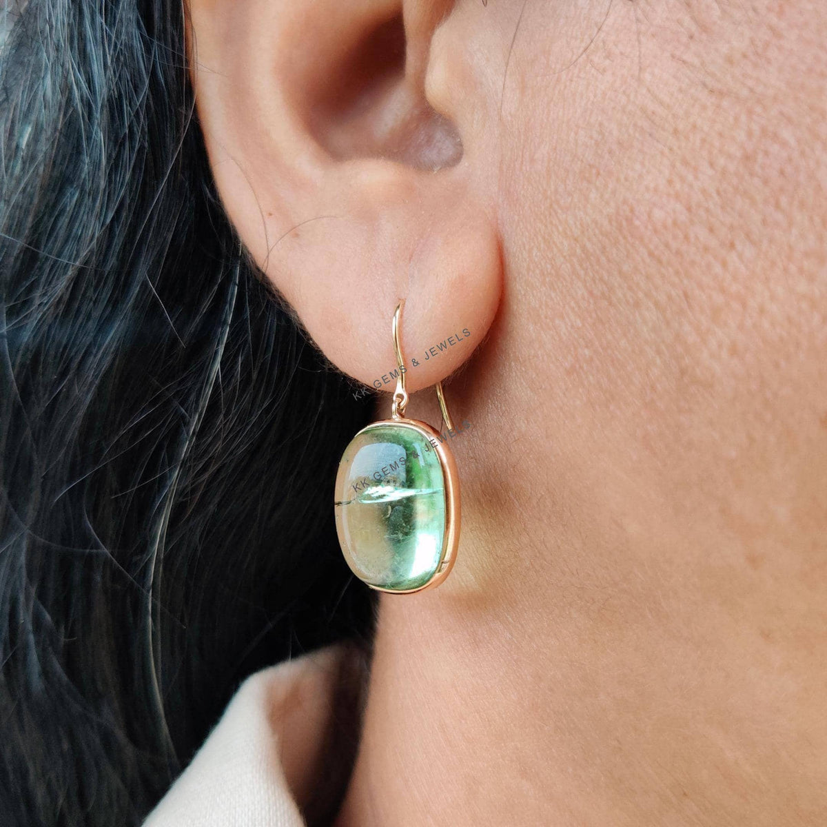 14K Solid Yellow Gold Natural Green Tourmaline Earrings, Bezel Set, October Birthstone
