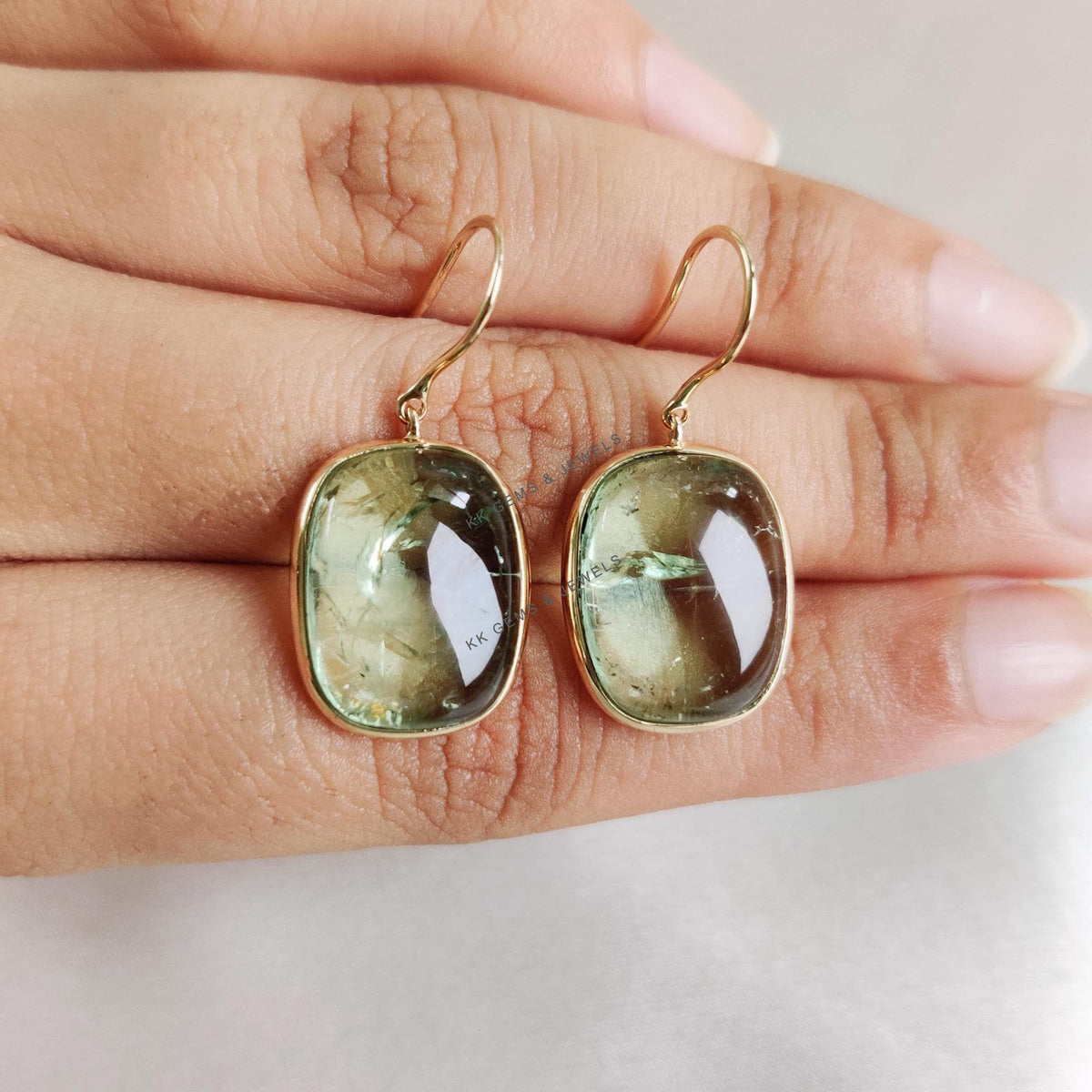 14K Solid Yellow Gold Natural Green Tourmaline Earrings, Bezel Set, October Birthstone